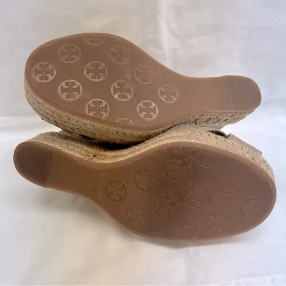 Tory Burch gold canvas wedge espadrilles with camel colored leather ankle strap - Picture 8 of 9